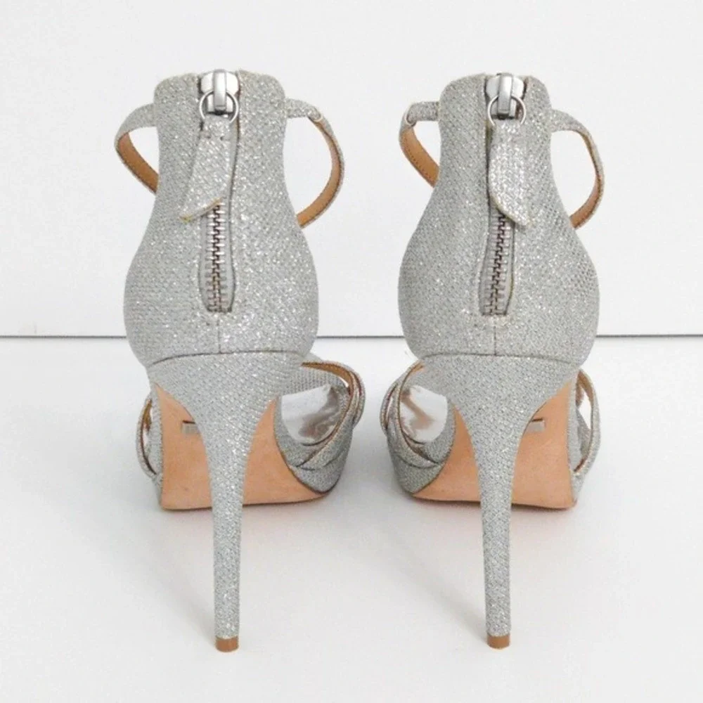 Badgley Mischka Silver Glitter Ankle Strap Open-Toe Strappy Formal Heels- Sz 7.5